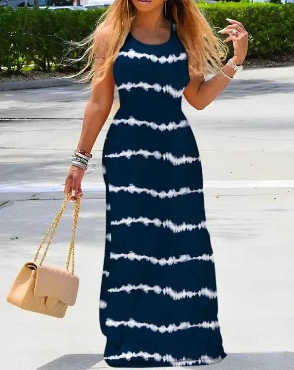 Women New Dress Denim Look Print U-Neck Maxi Dress Leisure Slit Slim Design Long Dress Fashion Solid Color Street Robe Dresses - Empire P.E