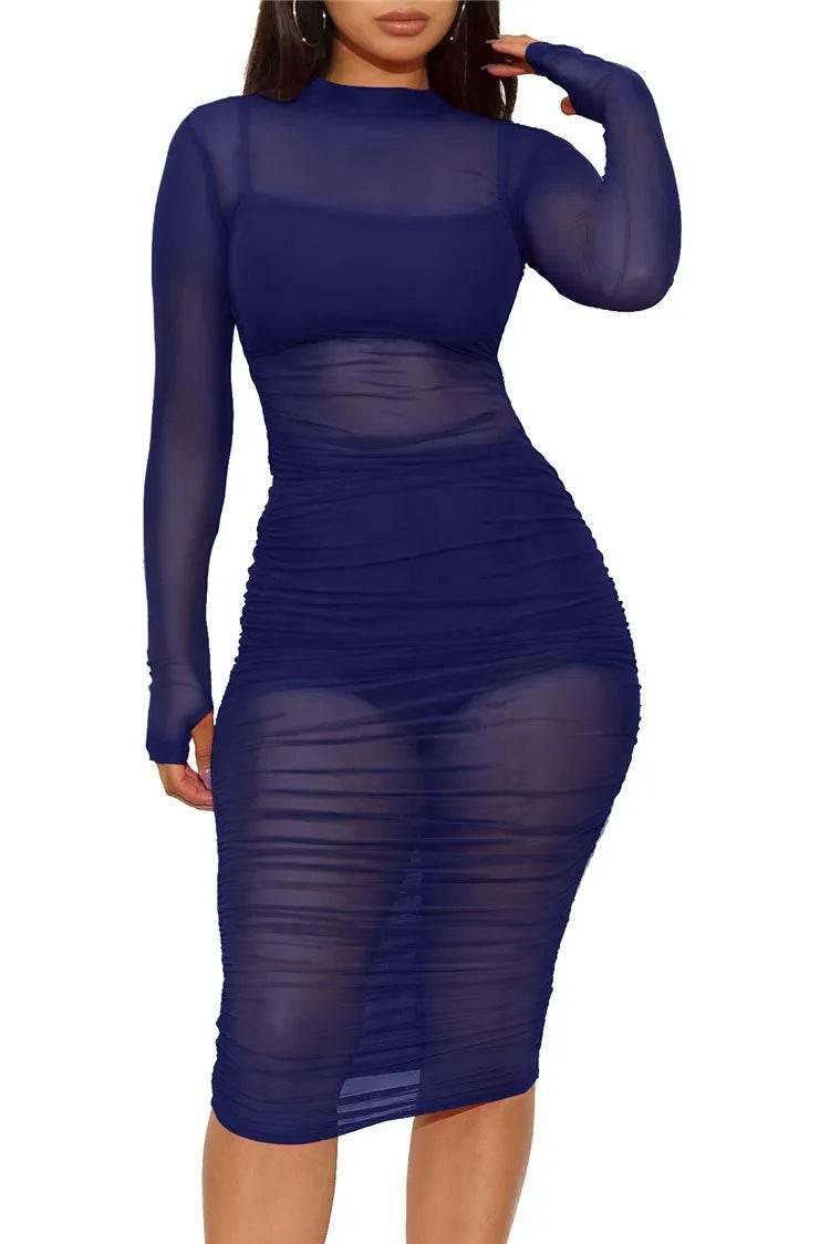 Women Mesh See Through 3 Piece Set Bodycon Ruched Cover Up Midi Dress+Camis+Shorts 3 Pieces Suits Sexy Night Club Party Outfits - Empire P.E