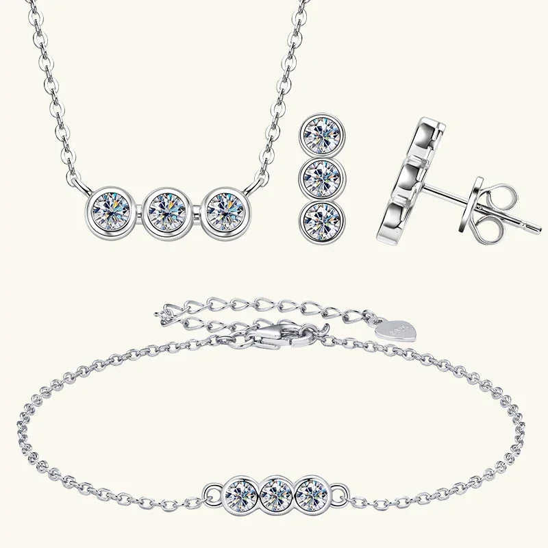 3mm Moissanite Jewelry Sets Real 925 Silver for Women 3 Stones Pendant Necklace Stud Earrings Set - Empire P.E