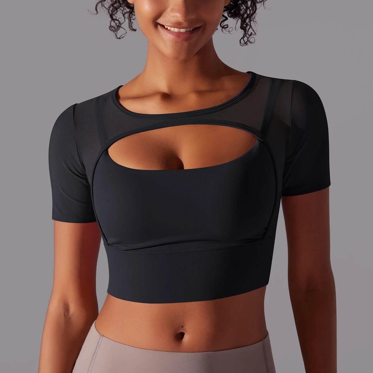 Solid Color Yoga Short Sleeve Sexy Double Layer Yoga Tank Top Spliced Mesh Yoga Clothing Top Fitness Running Sports Bra Women - Empire P.E