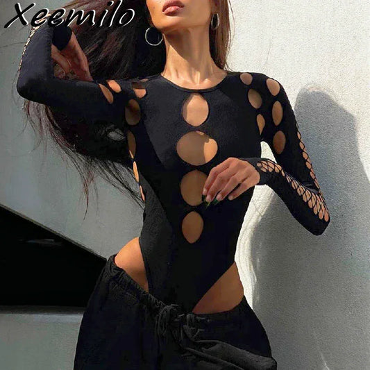 Sexy Dot Hollow Out Bodysuit Y2K Gothic - Empire P.E
