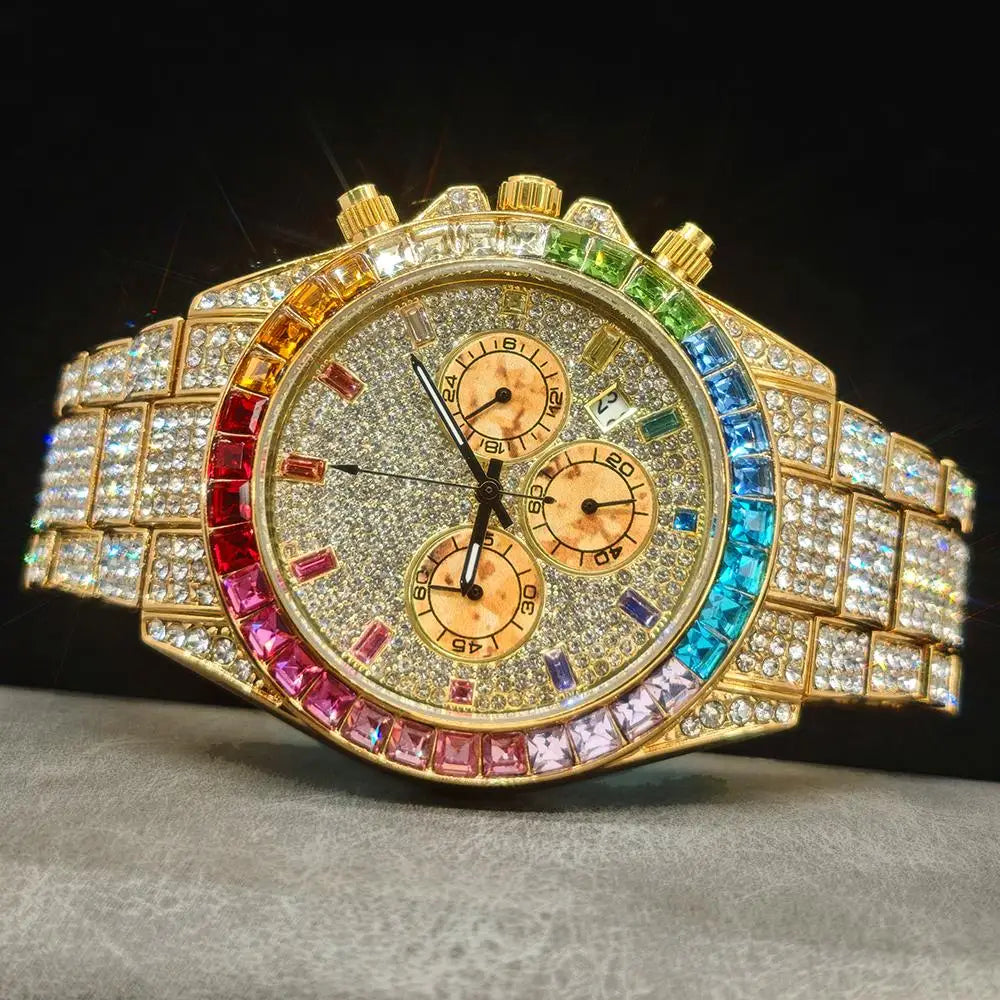 Men's Hip Hop Rainbow Diamond Shiny Jewelry Fashion Gold Watch