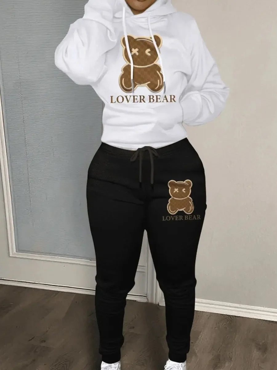 plus size cartoon bear print hooded sweater+woolen pants set
