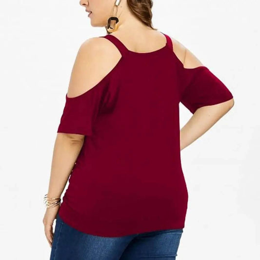 Plus Size Summer Women Blouse Lace Short Sleeves Hollow Out Solid Color See-through Off Shoulder Shirts Blouse Top - Empire P.E