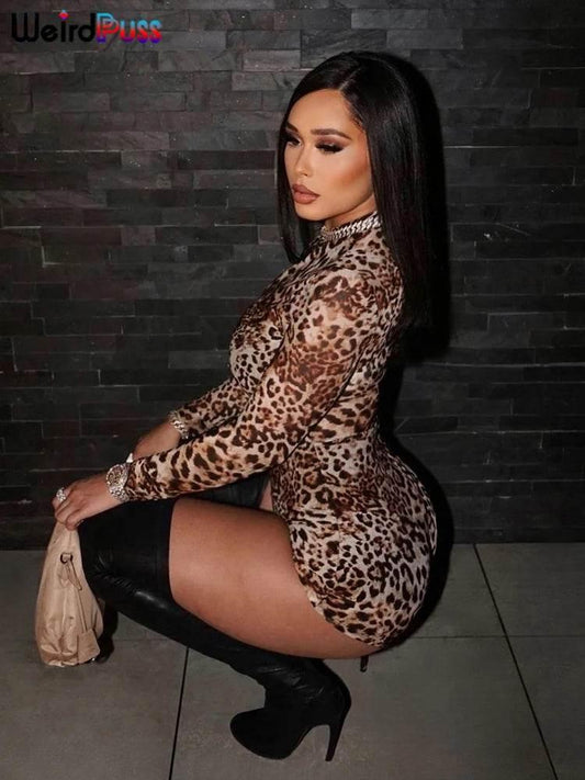 Weird Puss Leopard Print Romper Women 2024 Autumn Trend Hipster Long Sleeve O-Neck Skinny Stretch Streetwear Sexy Playsuits - Empire P.E
