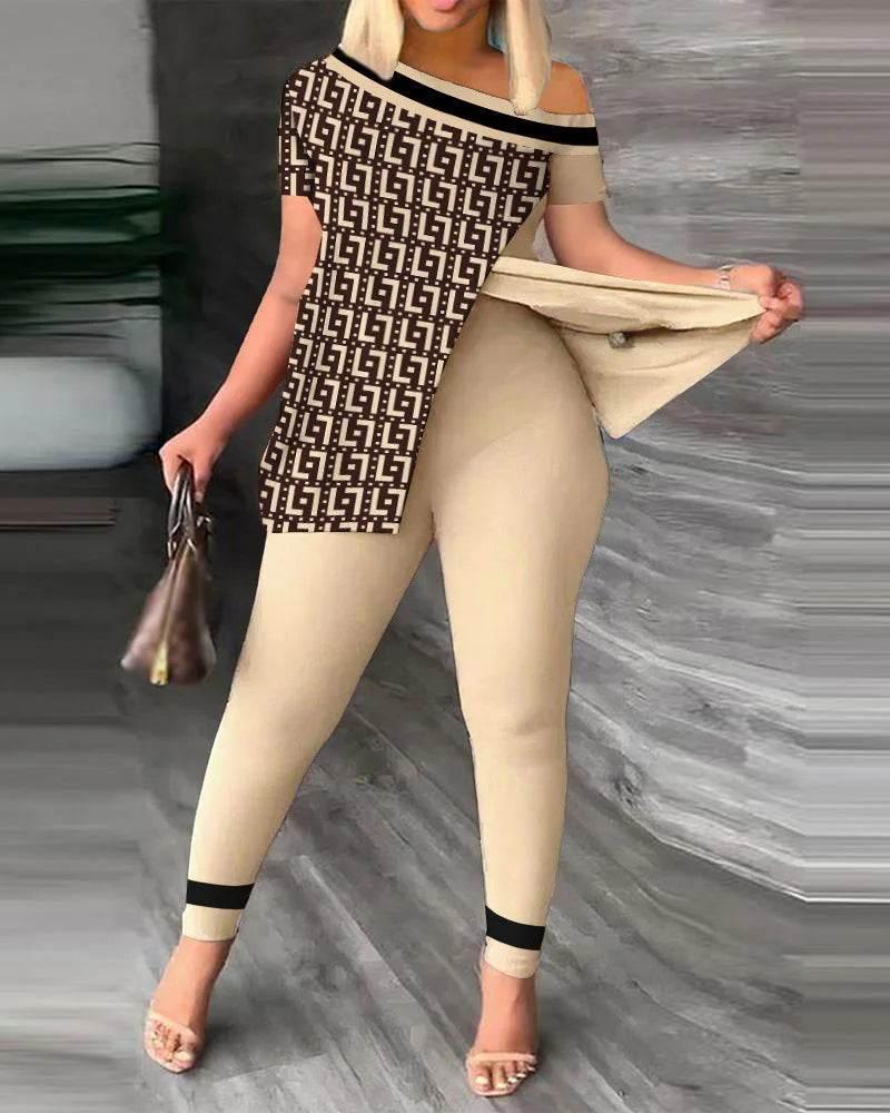Elegant Women Two Piece Set Suits New Fashion Printed Ruffle Sleeve Top Solid Color Pants Set With Belt Blouses Female Clothing - Empire P.E