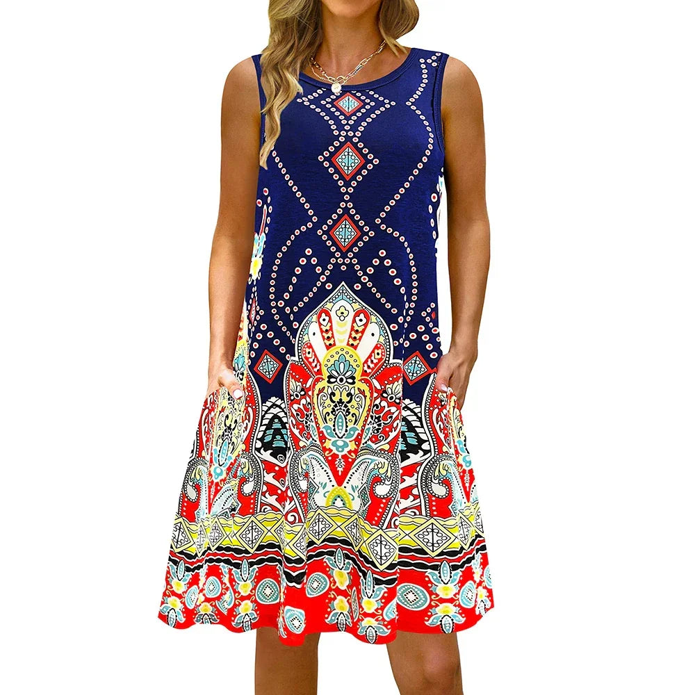 S-5Xl Colorful Printed O Neck Long Dress - Empire P.E
