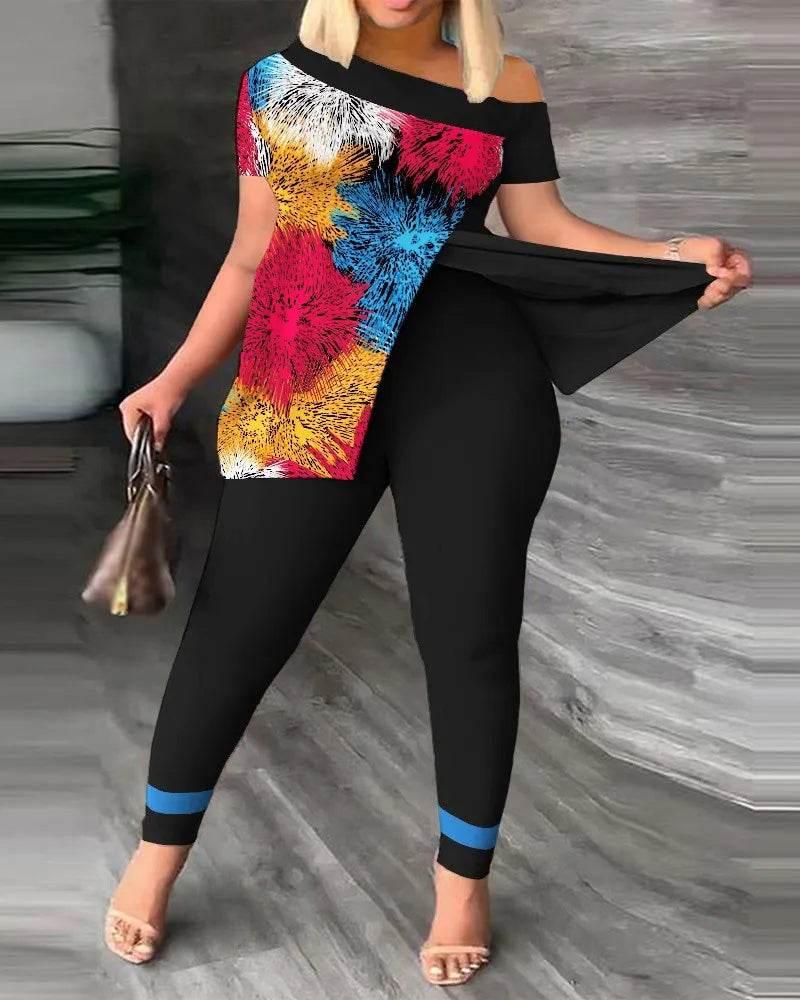 Elegant Women Two Piece Set Suits New Fashion Printed Ruffle Sleeve Top Solid Color Pants Set With Belt Blouses Female Clothing - Empire P.E