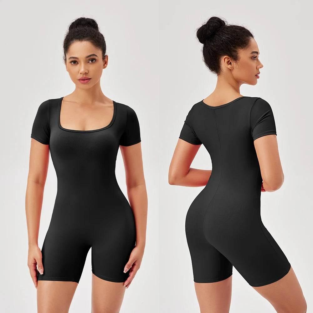Fashion Women Yoga Suit Short Sleeve Gym Sports Jumpsuit Solid Color Workout Yoga Bodysuit Square Neck Yoga Set Sportswear - Empire P.E