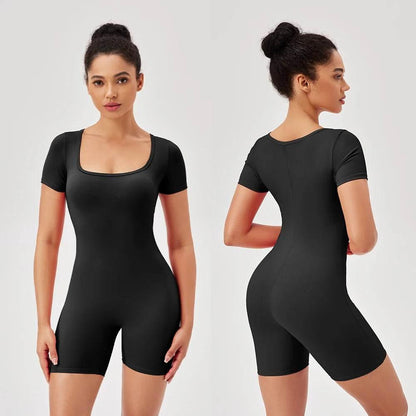 Fashion Women Yoga Suit Short Sleeve Gym Sports Jumpsuit Solid Color Workout Yoga Bodysuit Square Neck Yoga Set Sportswear - Empire P.E