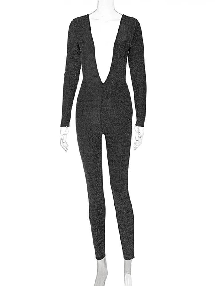 Hugcitar Bling Glitter Women Deep V Neck Backless Skinny Jumpsuit 2022 New Bodycon Sexy Streetwear Party Club Elegant Shine - Empire P.E