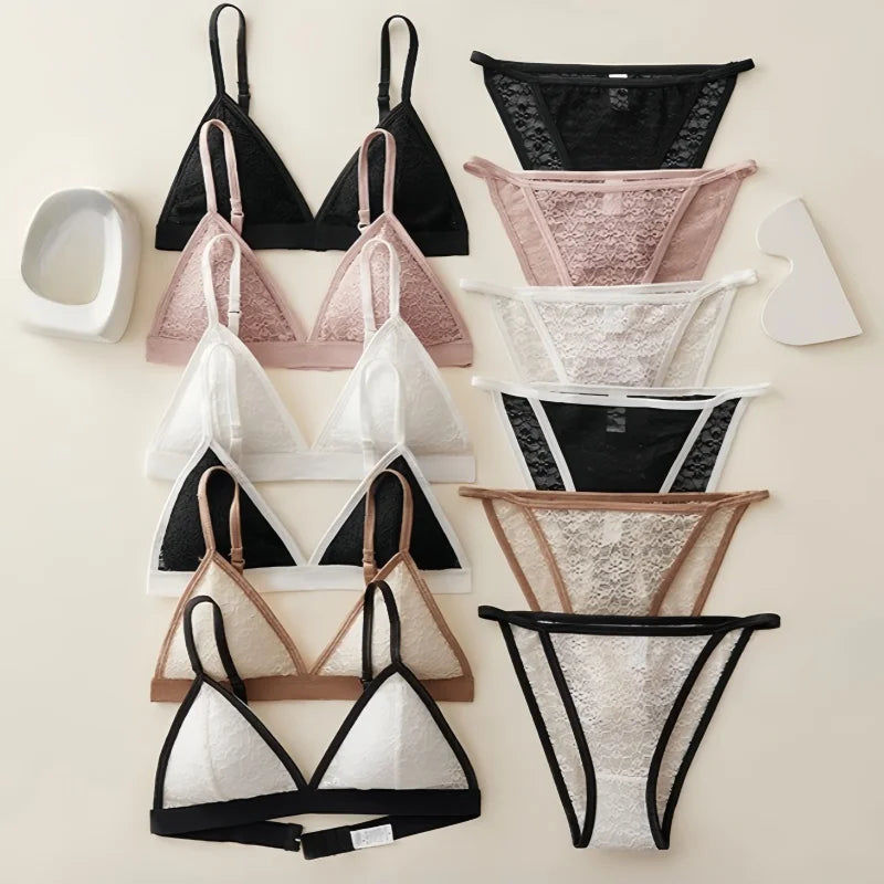 Women Lace Bra And Panties Set Non-wire Bralette Low Waist Panties Transparent Panty Sexy Lingerie 1/3 Cup Underwear Set - Empire P.E