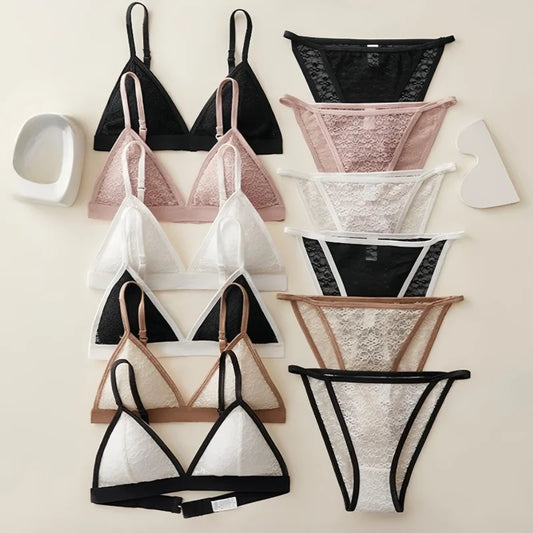 Women Lace Bra And Panties Set Non-wire Bralette Low Waist Panties Transparent Panty Sexy Lingerie 1/3 Cup Underwear Set - Empire P.E
