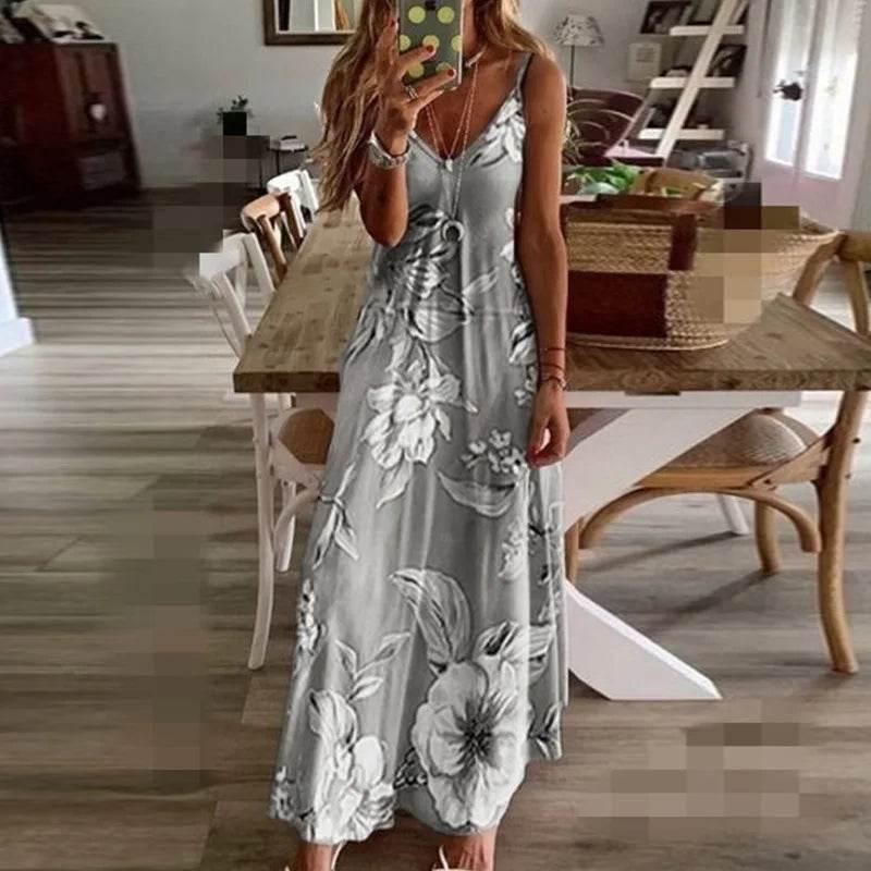 Woman Summer Long Dress Sling New Milk Silk Slim Floral Flowers Print Sleeveless V Neck Maxi Dresses Clothing Vestidos YRW6820 - Empire P.E