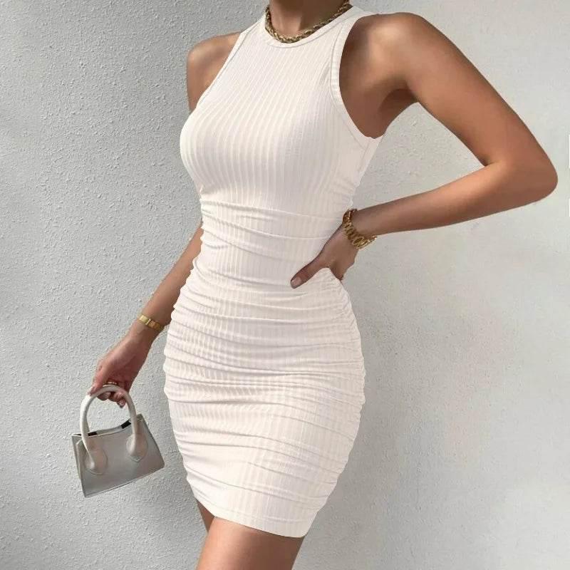 Sexy Stripes Thread Knitting Slim Bodycon Dress Women Sleeveless Solid Color Skinny Mini Dress Elegant Club Party Vestidos - Empire P.E