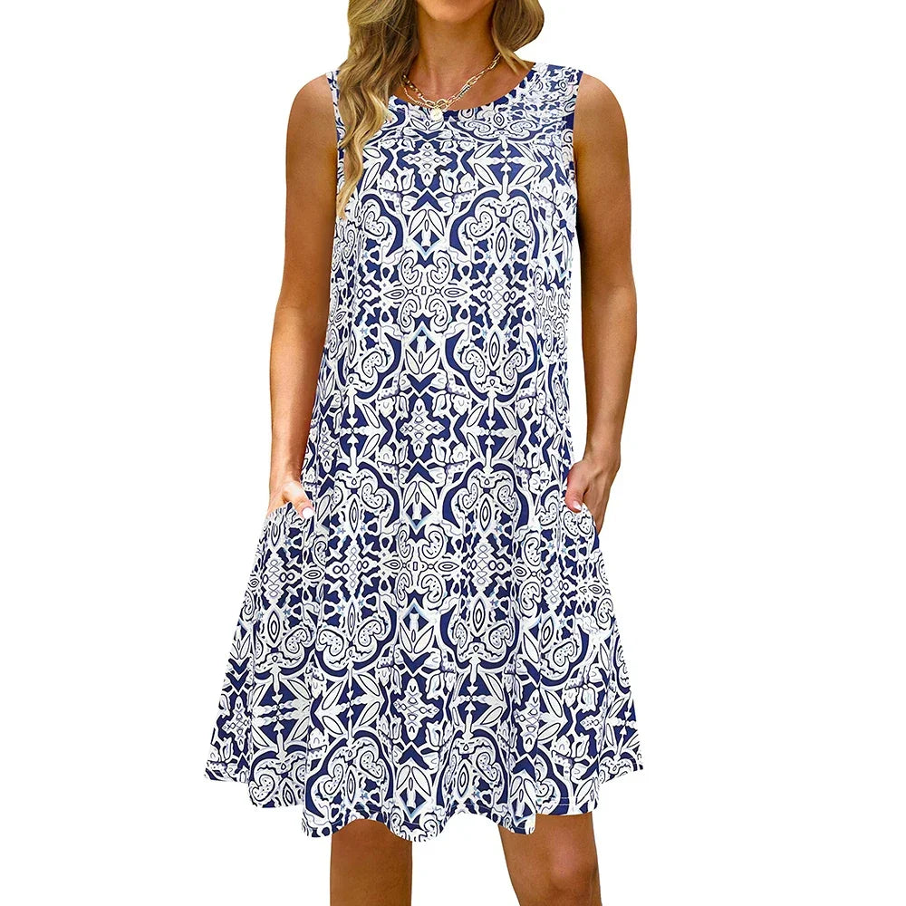 S-5Xl Colorful Printed O Neck Long Dress - Empire P.E