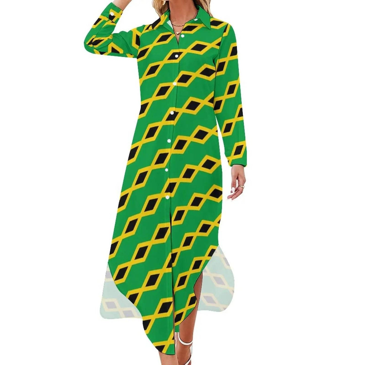 Patriotic Jamaica Flag Chiffon Dress Sexy V Neck Green Yellow Pretty Dresses Ladies Street Wear Casual Dress Gift - Empire P.E