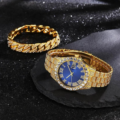 Watch Bracelet Set Hip Hop Stainless Steel Gold Color Calendar Watch for Men Iced Out Paved Rhinestones Men Watch Reloj Hombre - Empire P.E