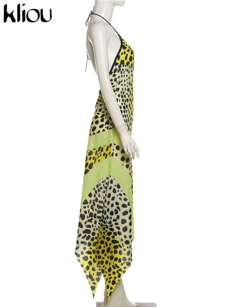 kliou Point Print Irregularly Maxi Dress Women Cross Halter Bandage Hollow Backless Fashion Vestidos Female Evening Party Wear - Empire P.E