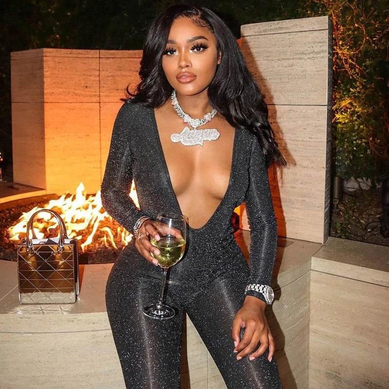 Hugcitar Bling Glitter Women Deep V Neck Backless Skinny Jumpsuit 2022 New Bodycon Sexy Streetwear Party Club Elegant Shine - Empire P.E