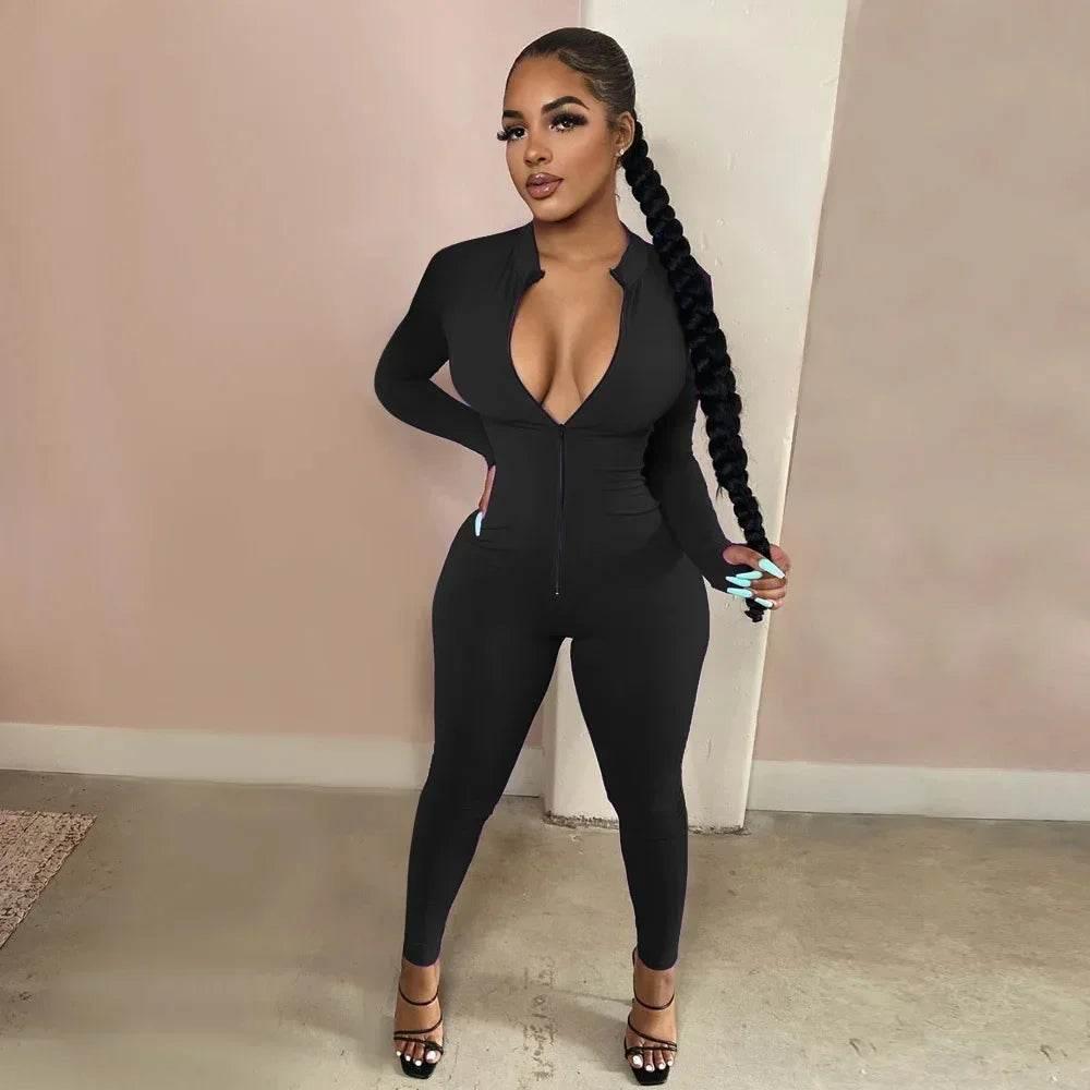 Sexy Solid Color Long Sleeve Deep V Bodycon Rompers Womens Jumpsuit Sport Suit Fashion Zip Up Long Pants Overalls Fitness Set - Empire P.E