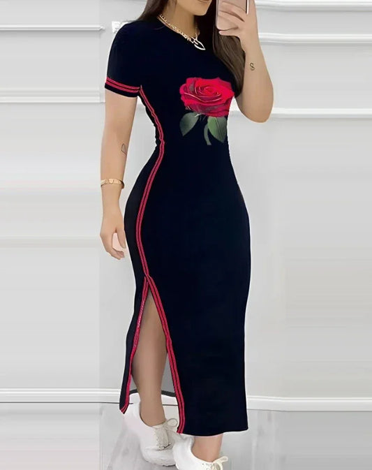 Womens Dresses 2024 Summer Fashion Striped Rose Print - Empire P.E