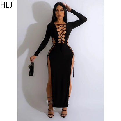 HLJ Sexy Solid Hollow Out Bandage Slit Bodycon Mid Dresses