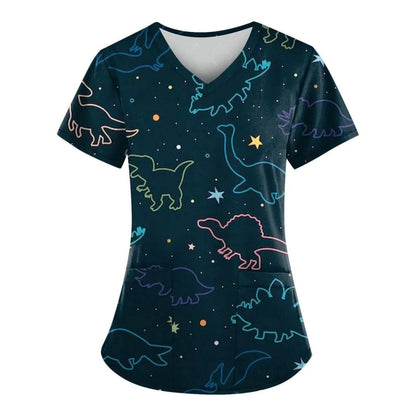 Print Ladies Nurse Uniform Short Sleeve V-Neck Scrub Tops - Empire P.E