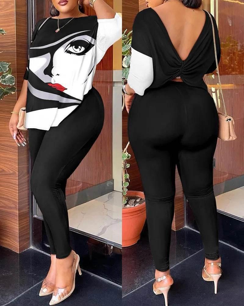 Autumn Women's New Fashion Printed Suit Round Neck Sexy Backless Quarter-sleeved Trousers Casual And Comfortable Two-piece Set - Empire P.E
