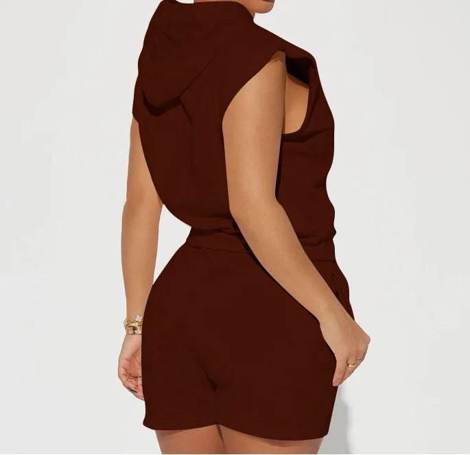 Summer 2024 Women's New Sexy Sleeveless Fashion Casual Sports Short Sleeved Hooded 3/4 Shorts Two Piece Set For Women - Empire P.E