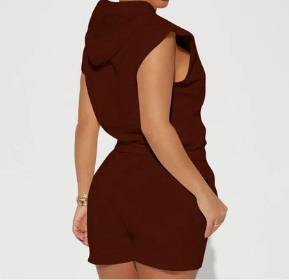 Summer 2024 Women's New Sexy Sleeveless Fashion Casual Sports Short Sleeved Hooded 3/4 Shorts Two Piece Set For Women - Empire P.E