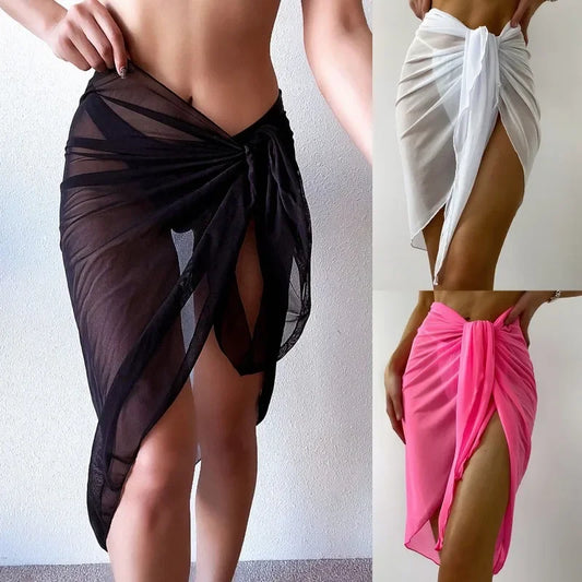 Sheer Wrap Knot Waist Swimsuit Cover Up Skirt
