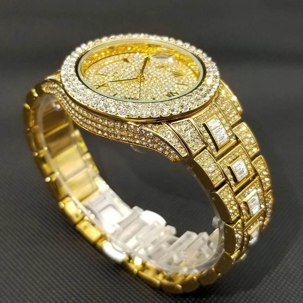 Luxury Shiny Diamond Watch For Men Hip Hop Trendy Iced Out Quartz Watches High Quality Stainless Steel Waterproof Day Date Clock - Empire P.E