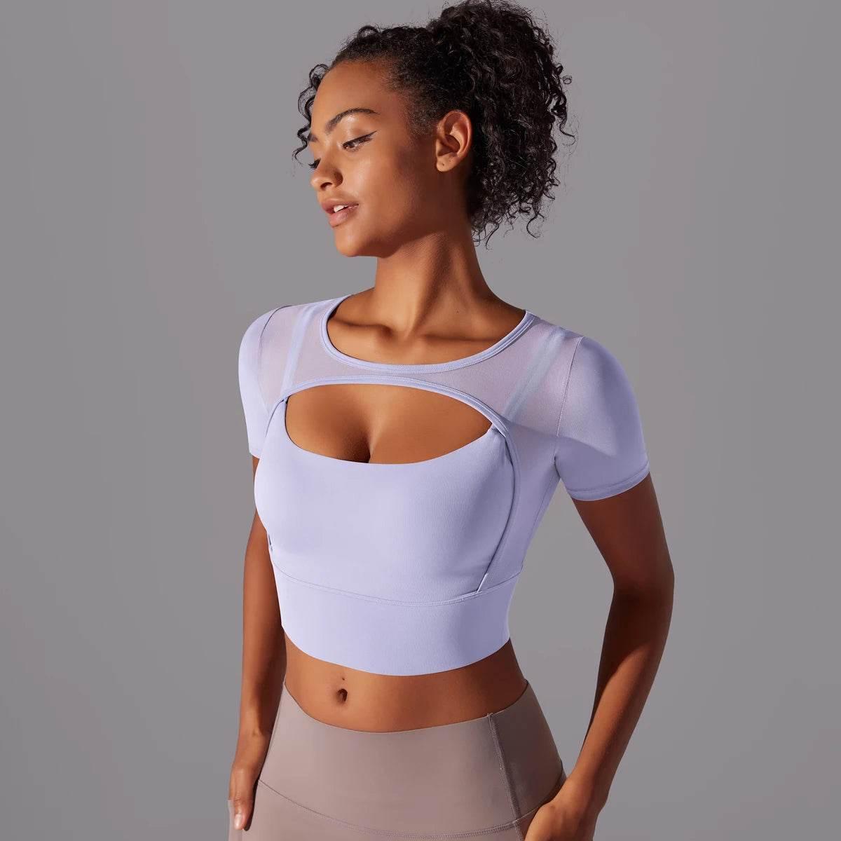 Solid Color Yoga Short Sleeve Sexy Double Layer Yoga Tank Top Spliced Mesh Yoga Clothing Top Fitness Running Sports Bra Women - Empire P.E