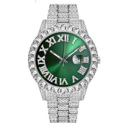 Watch Bracelet Set Hip Hop Stainless Steel Gold Color Calendar Watch for Men Iced Out Paved Rhinestones Men Watch Reloj Hombre - Empire P.E