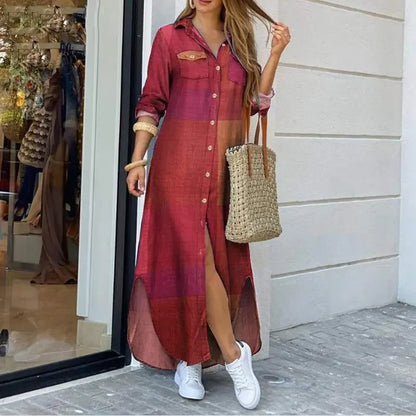 Long Sleeve Dress Plaid Robe Maxi Beach Dress - Empire P.E