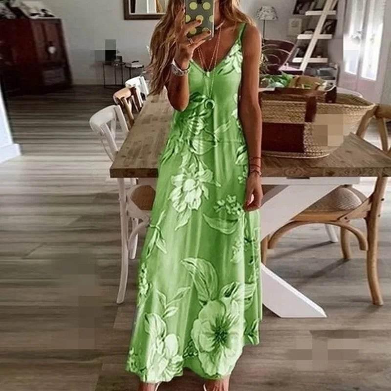 Woman Summer Long Dress Sling New Milk Silk Slim Floral Flowers Print Sleeveless V Neck Maxi Dresses Clothing Vestidos YRW6820 - Empire P.E