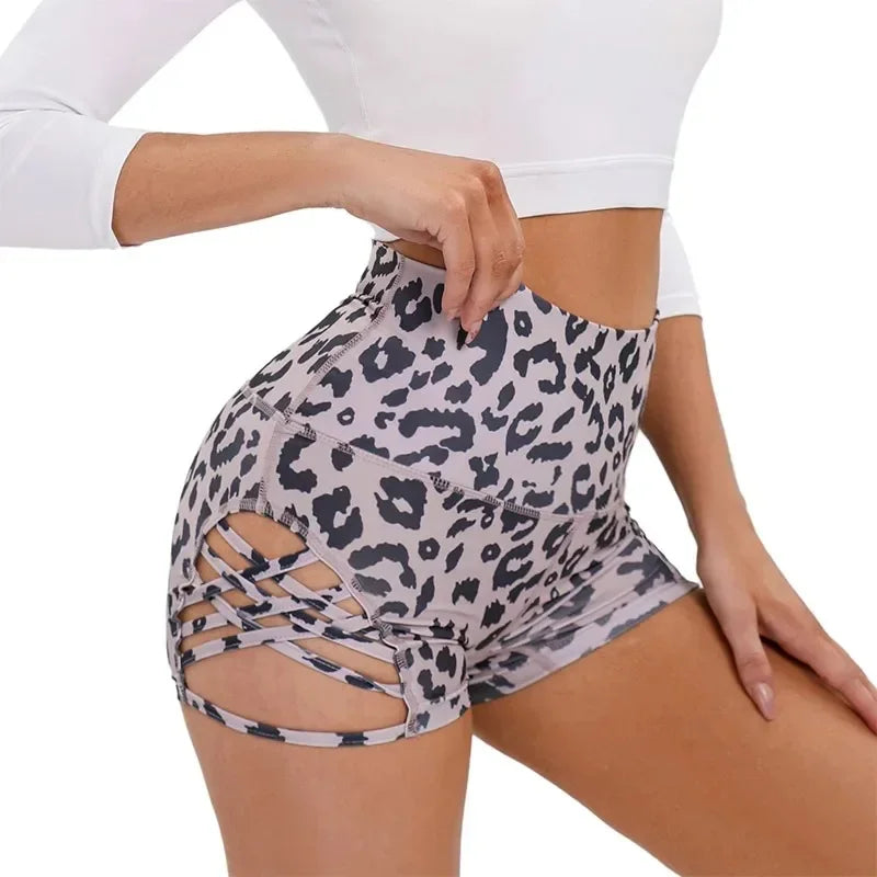High waisted printed tight striped hollowed out hook woven torn hole tie yoga shorts - Empire P.E