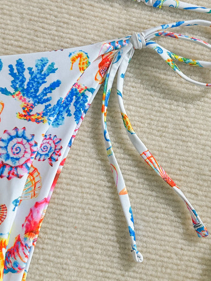 Women's Shell and Marine Animal Print Bikini Swimsuit Two-Piece Set