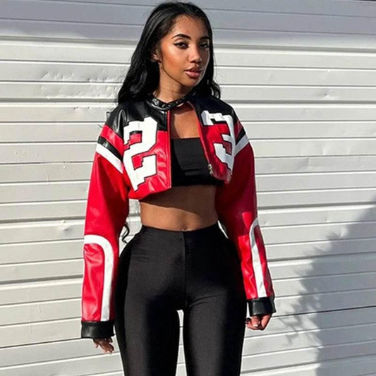 Streetwear Fashion Women Faux Leather New Jacket Letter Print Autumn Casual Sporty Wild Streetwear Uniform Trend Lady Crop Coat - Empire P.E