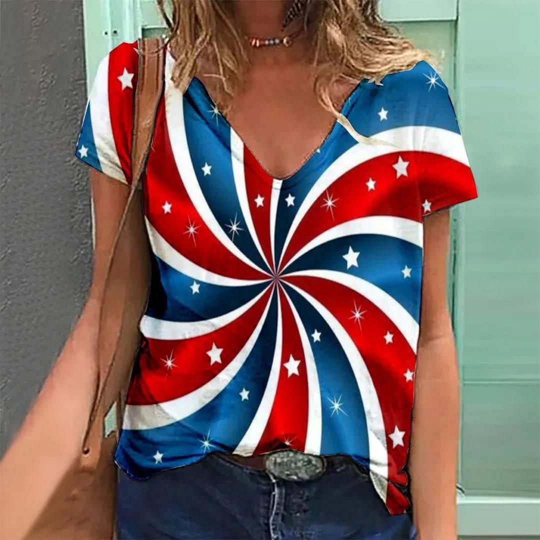 Fashion Women's T Shirt USA Flag Print Harajuku T-shirt Summer 2023 Top Kawaii Tees V Neck Pluse Size American Lady Y2k Clothing - Empire P.E