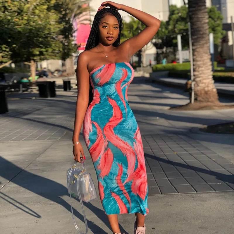 Spring And Summer Dresses For Women Chest Wrap Printed Off Shoulder Bandage Slim Sexy Long Dress 2023 New Fashion party MsChuh - Empire P.E