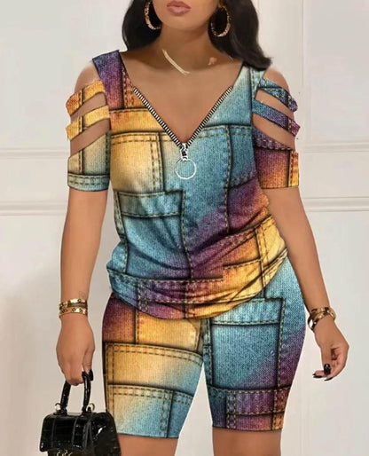 2024 Fashion Sexy Out T Shirt And Shorts 2 Piece Sets Women Outfit Summer Casual Loose Print T Shirts Two Piece Set For Women - Empire P.E