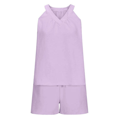 Women'S Summer Casual Suit New Urban Casual Women'S Solid Color Sleeveless Vest Elastic Shorts Home Clothes Two-Piece Set - Empire P.E
