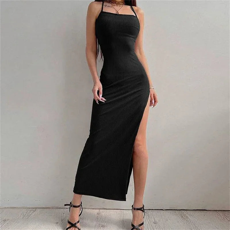 Sexy Black Long Bodycon Dress Women Summer Sleeveless Blackless Halter Neck Spaghetti Strap Dresses High Split Vestidos - Empire P.E