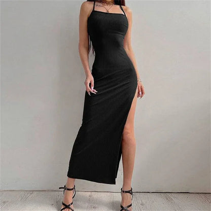 Sexy Black Long Bodycon Dress Women Summer Sleeveless Blackless Halter Neck Spaghetti Strap Dresses High Split Vestidos - Empire P.E