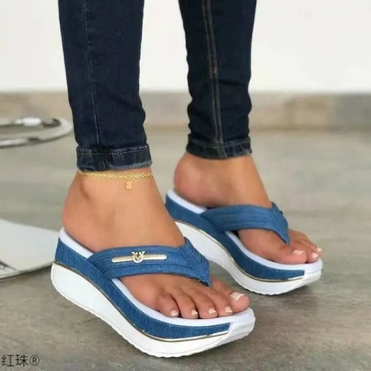 Women's 2024Slippers Summer New Fashion Metal Button Slides Shoes Wedge Beach Sandals Women Outside Platform Leisure Flip Flops - Empire P.E