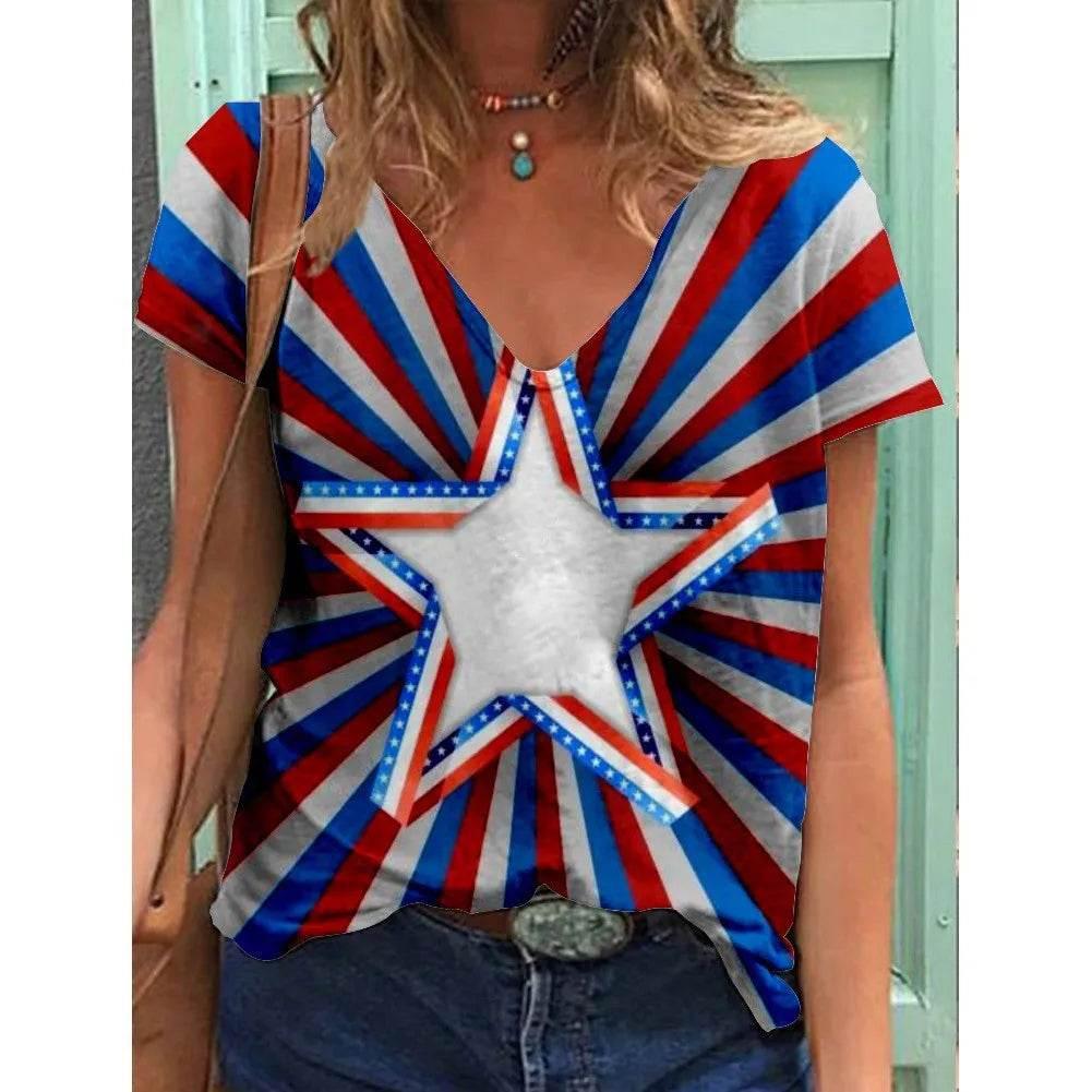 Fashion Women's T Shirt USA Flag Print Harajuku T-shirt Summer 2023 Top Kawaii Tees V Neck Pluse Size American Lady Y2k Clothing - Empire P.E