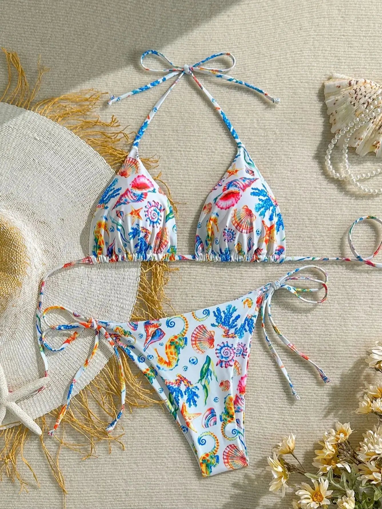 Women's Shell and Marine Animal Print Bikini Swimsuit Two-Piece Set
