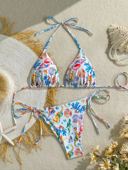 Women's Shell and Marine Animal Print Bikini Swimsuit Two-Piece Set